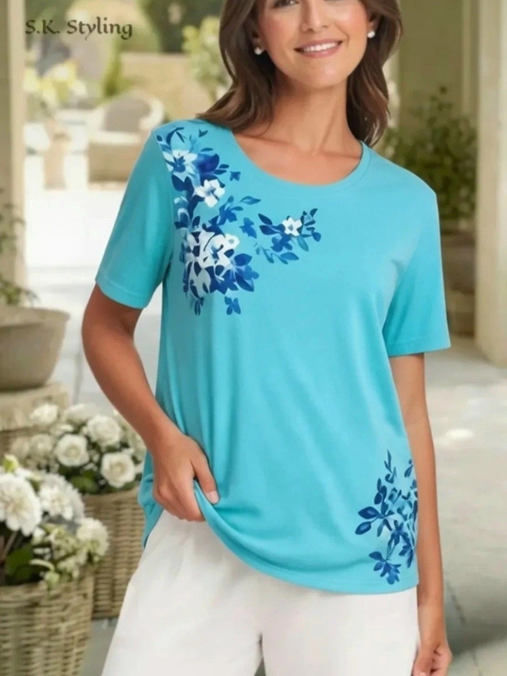 Woman Within Turquoise Lotus Floral Knit Top Short Sleeve Plus size (18/20)
